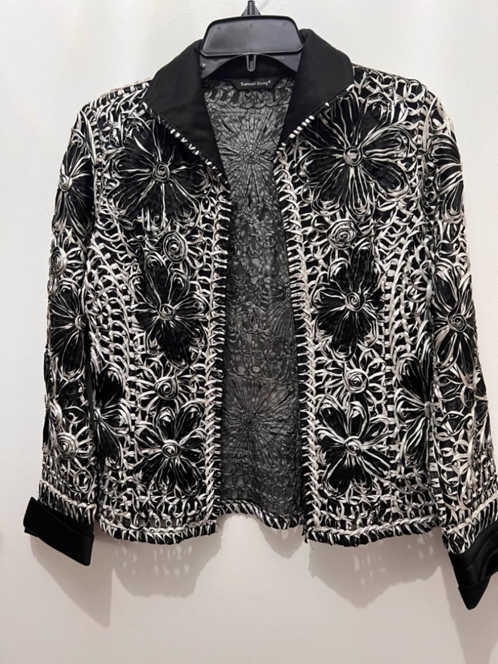 Samuel Dong Jacket Textured Floral Semi Sheer Black White Zip Up Size S